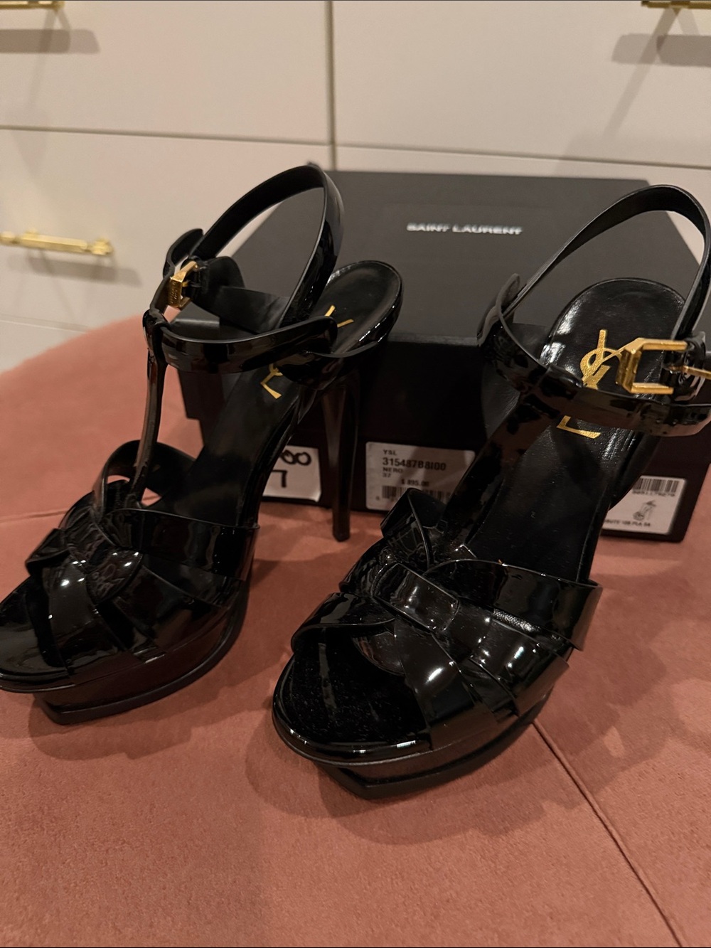 Saint Laurent Black Patent Leather Platform T-Strap Heels with Gold Hardware